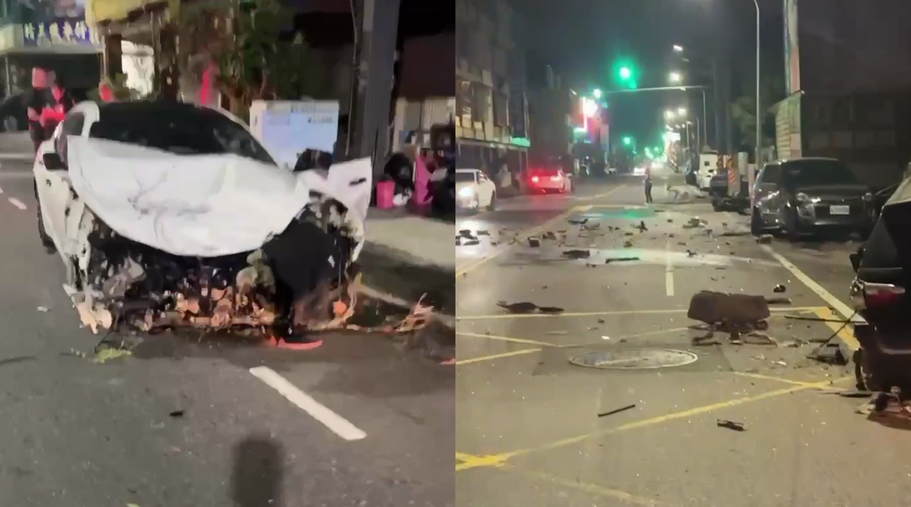 男子駕駛瑪莎拉蒂因車速過快導致失控。衝擊力道之大造成車頭幾乎全毀、零件四散。 圖：翻攝自記者爆料網