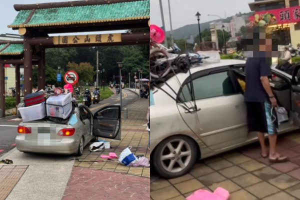 桃園一名男子將愛車上綁滿家具、箱子，如同移動城堡。 圖：翻攝自Threads