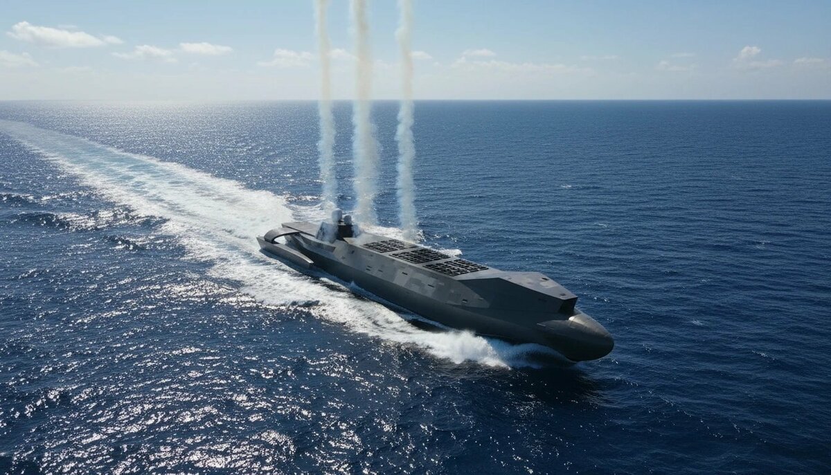 傳衛星影像拍攝到廣州船廠神秘三體半潛式導彈載艦無人船。藝術家依描述畫出的想像圖。 圖：翻攝微博