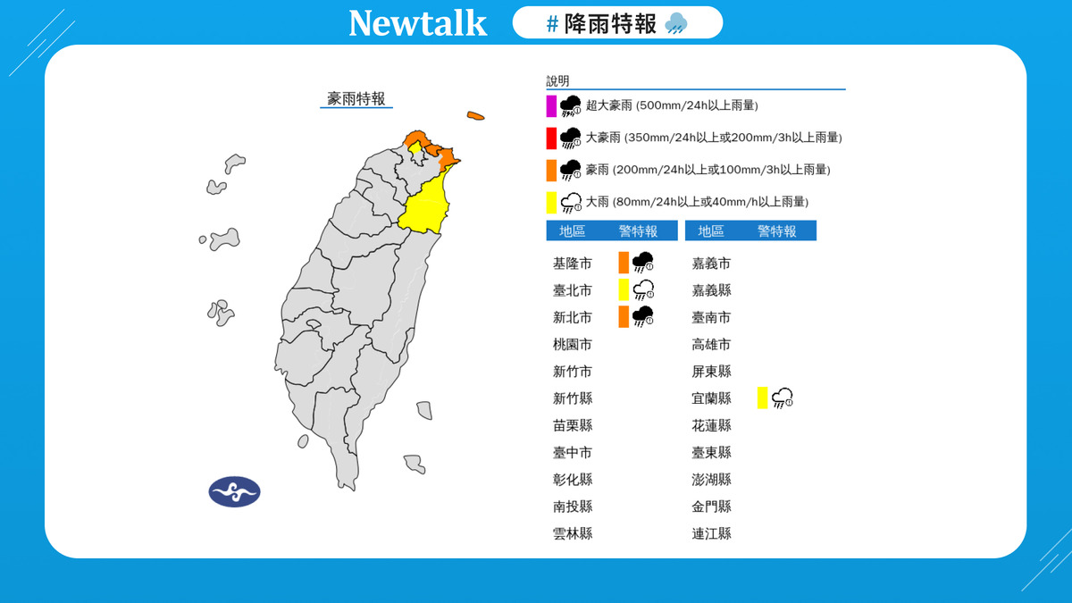 大雨猛灌！4縣市特報 氣象署：防積水 圖：取自中央氣象署