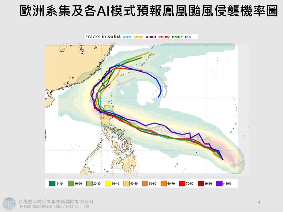歐洲系集及AI模式預報鳳凰颱風侵襲機率圖。 圖：翻攝自賈新興臉書