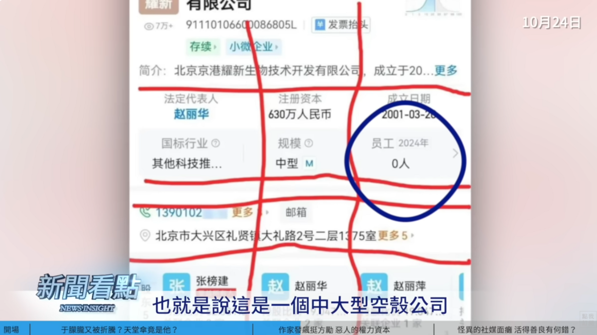 李沐陽表示，不管是630萬和2000萬人民幣，都屬於中型公司，可是「這麼大的公司，員工數居然是0，也就是說這是一個中大型的空殼公司，就是給人洗錢的地方」。 圖：翻攝自YouTube 頻道《新聞看點 李沐陽》