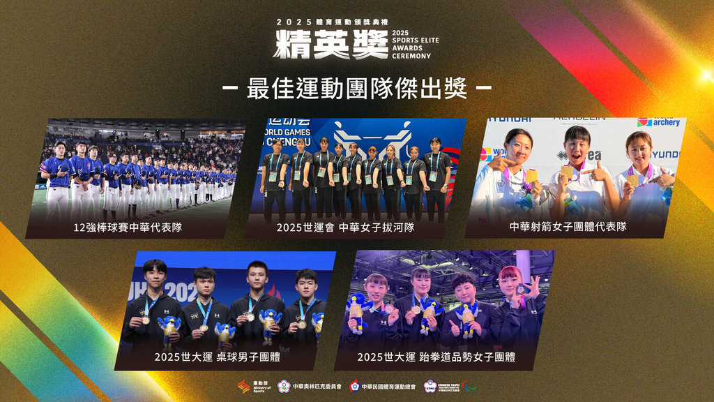 運動部6日公布2025體育運動精英獎入圍名單，其中「最佳運動團隊獎」競爭激烈，入圍隊伍包含12強棒球代表隊、世運會女子拔河隊、射箭女子團體代表隊、世大運桌球男子團體及跆拳道品勢女子團體。（運動部提供）中央社記者黎建忠傳真　114年11月6日