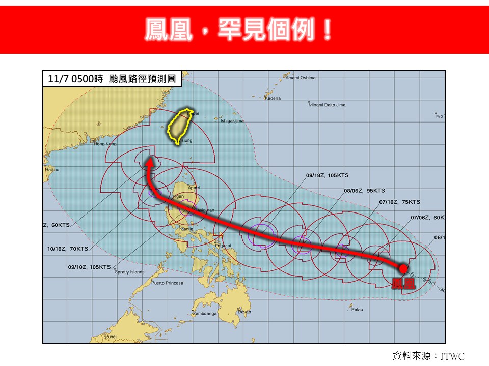 鳳凰颱風將成11月罕見影響台灣的颱風，且有從西半部登陸機會，更為罕見。 圖：林老師氣象站