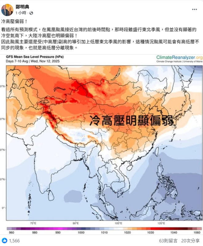 鳳凰颱風會接近台灣，一個關鍵的原因就是「冷高壓偏弱」，讓颱風傾向於高角度轉向，往東北方向移動。 圖：翻攝自鄭明典臉書