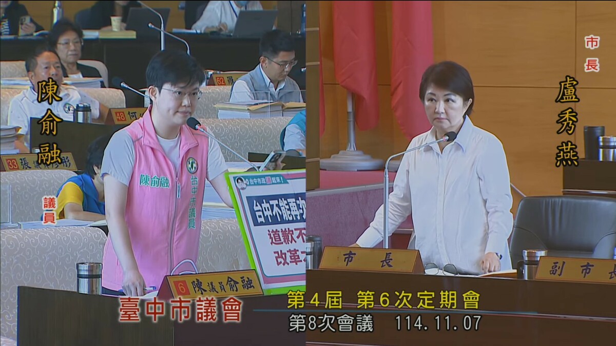 民進黨台中市議員陳俞融7日就批評市長盧秀燕，此舉不是懲處，而是在嘉獎這些人，讓基層概括成後相關指責。 圖：取自台中市議會直播畫面