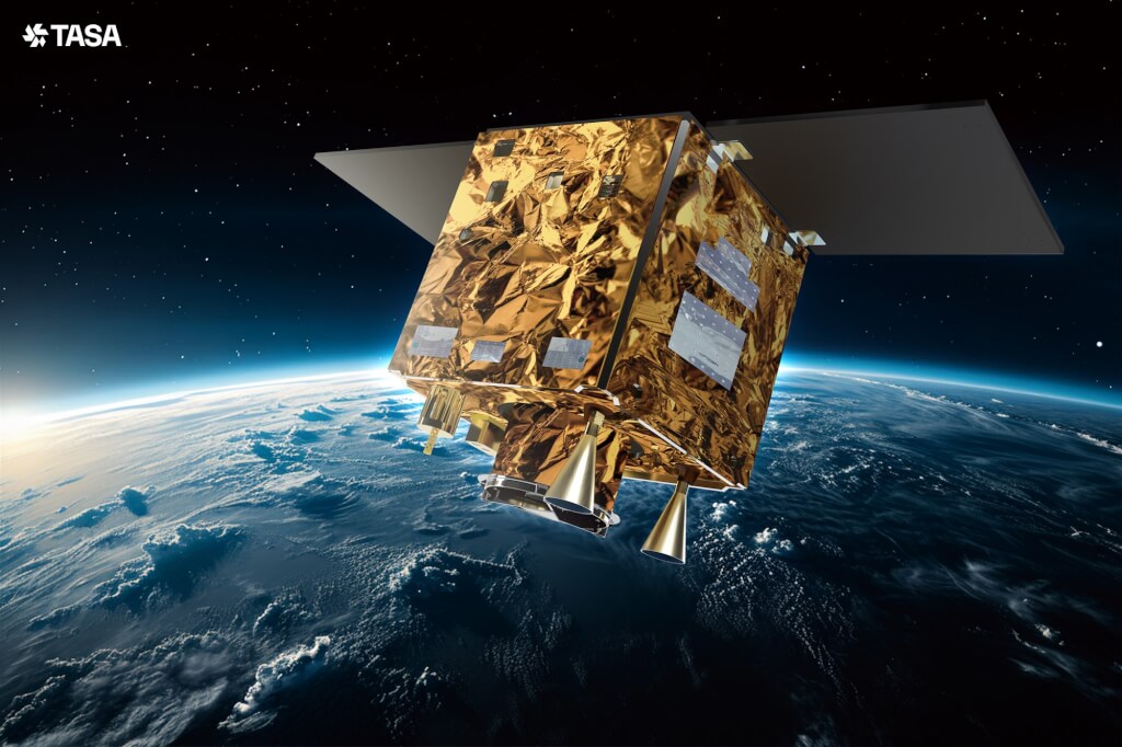 台灣首個自製光學遙測衛星星系「福衛八號」第1顆衛星「齊柏林衛星」10月起運至美國，拚11月中發射升空。圖為齊柏林衛星模擬圖。 圖：國家太空中心提供