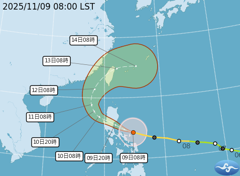 明(10)日鳳凰外圍環流逐漸接近，北部及東半部的降雨逐漸增大，高屏及各地山區亦轉有降雨機率。 圖：取自氣象署