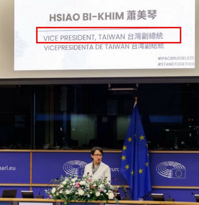 蕭美琴遠赴歐洲議會演說，會中「台灣副總統」字樣高高掛起。 圖：翻攝自林智群臉書