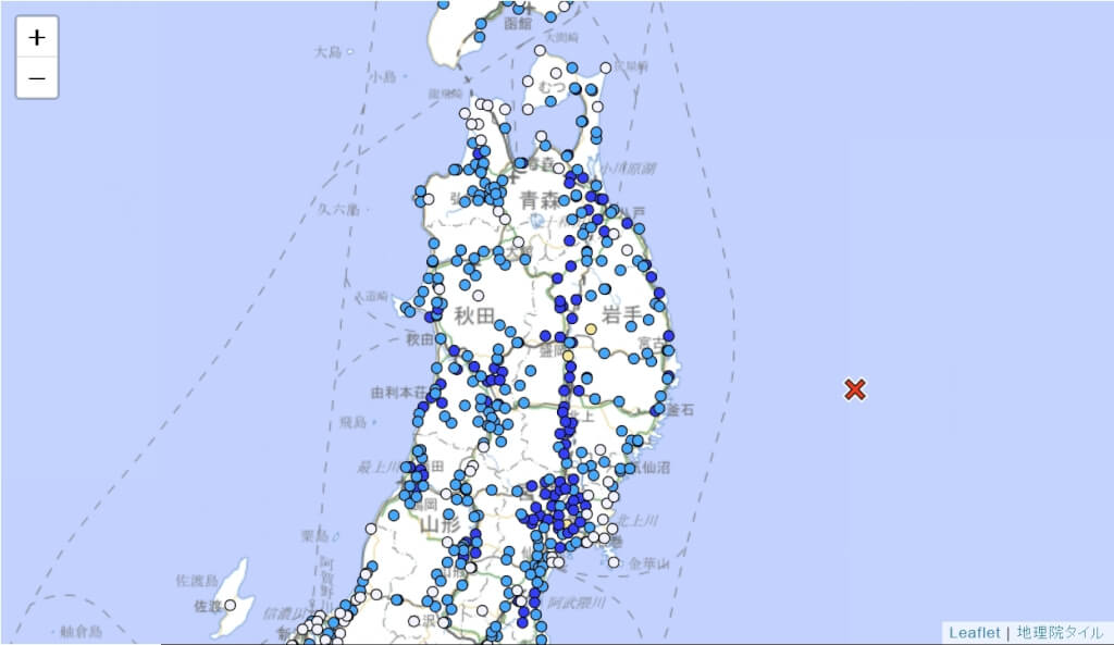 日本時間９日下午5時3分（台北時間4時3分）發生規模6.7地震，岩手縣、宮城縣觀測到最大震度4。（圖取自日本氣象廳網頁data.jma.go.jp）