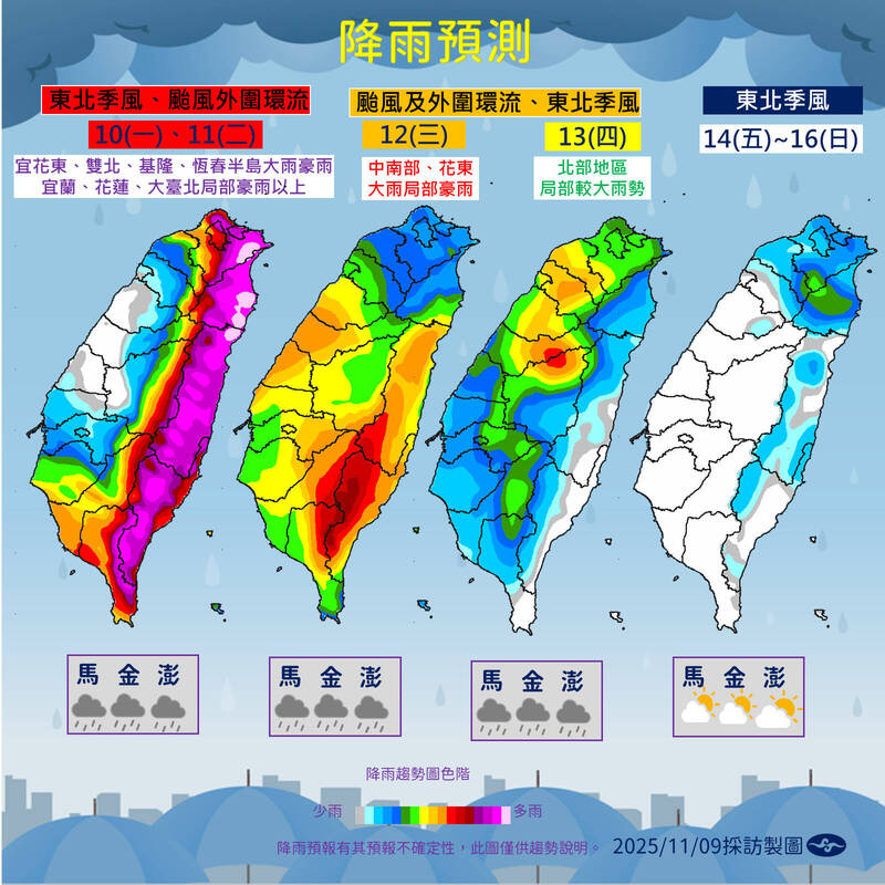 中央氣象署一週雨量預測圖，顯示北部與東半部地區雨勢最劇，宜花、大台北地區達豪雨以上等級。 圖:中央氣象署提供