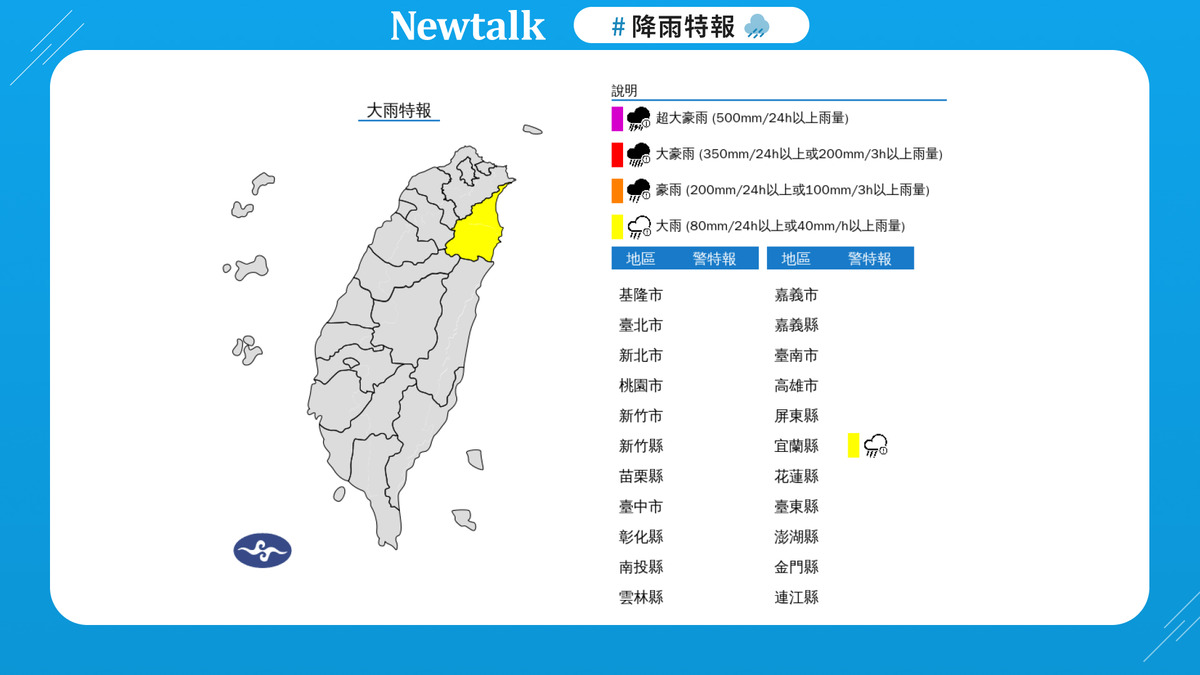 出門帶傘！1縣市大雨特報 氣象署：防積水 圖：取自中央氣象署
