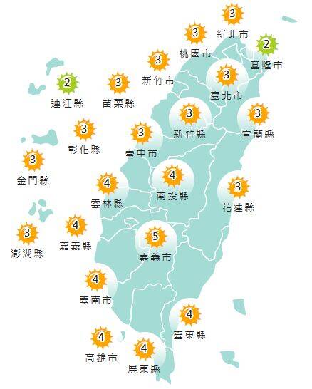 氣象署發布各地紫外線指數預報概況。 圖：氣象署提供