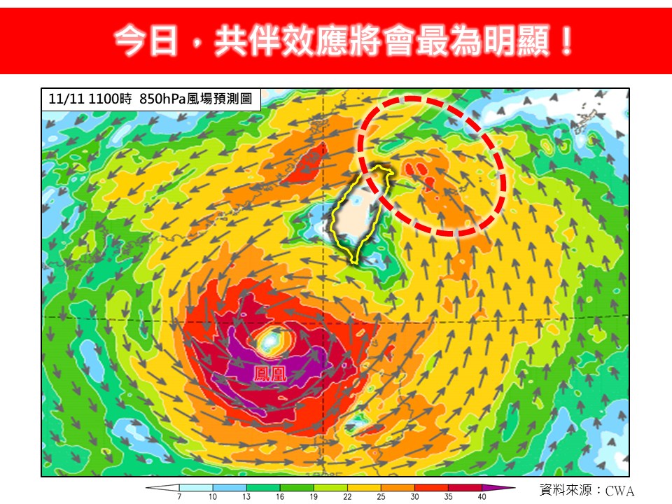 受東北季風及颱風外圍環流影響，今日將會是共伴效應最明顯的一天。 圖：取自林老師氣象站
