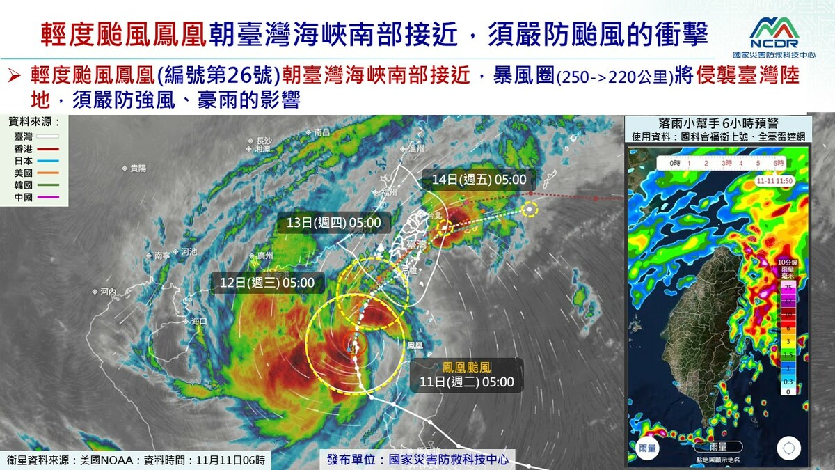 鳳凰颱風路徑較上一報略微偏南，登陸時間也較延後，預計暴風圈明天清晨觸陸。 圖：取自國家災害防救科技中心