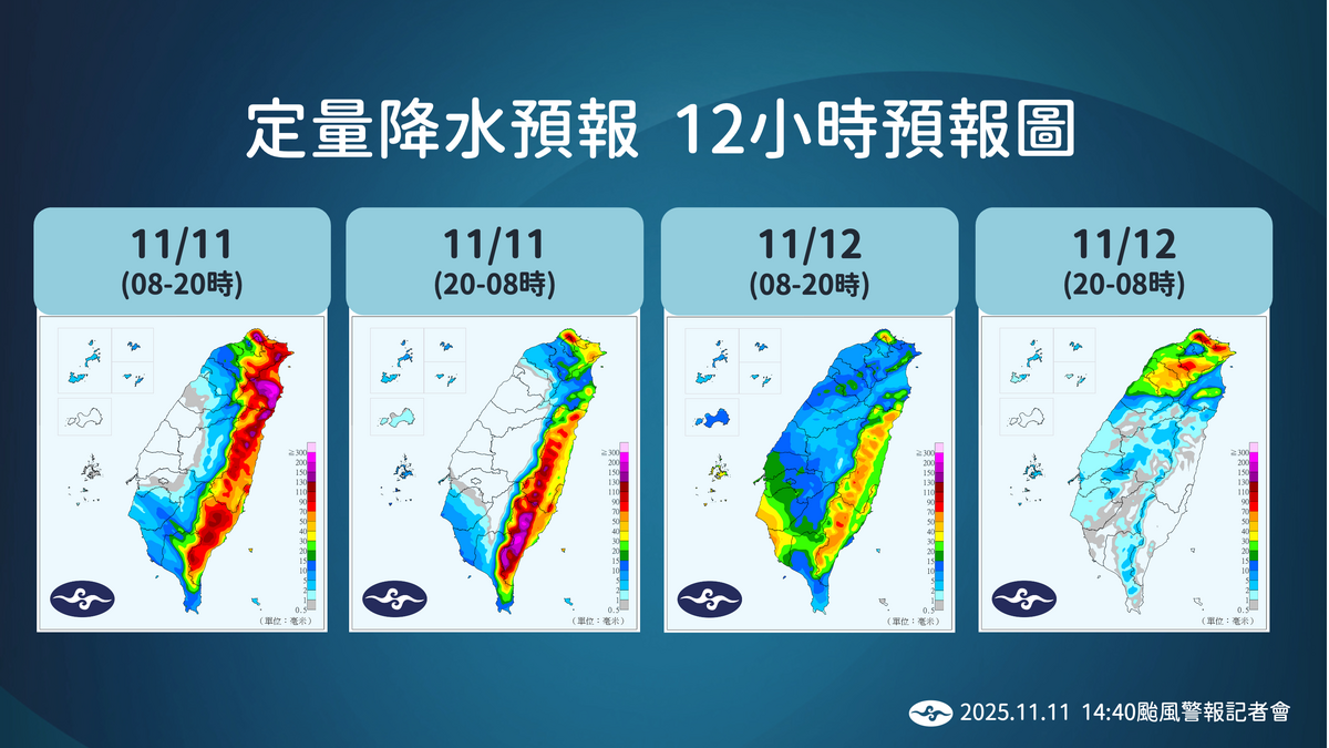 氣象署表示，西南沿海受到颱風外圍環流帶來的強風及暴潮，近颱風中心區域雨勢明顯，但持續時間較短暫。 圖：氣象署／提供
