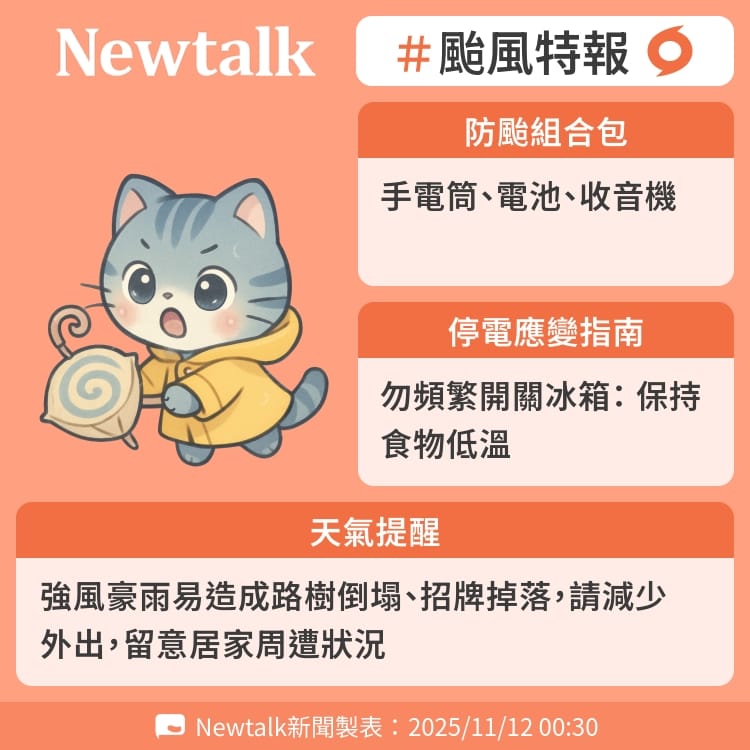 強風豪雨易造成路樹倒塌、招牌掉落，請減少外出，留意居家周遭狀況 圖：Newtalk製表