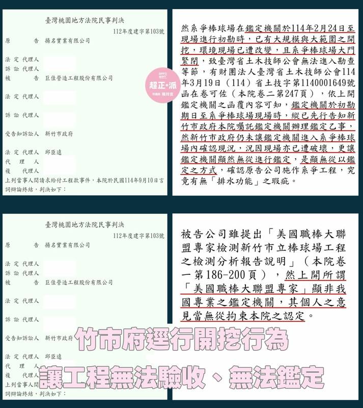 高虹安「挖大秘寶」遭打臉，法院認證，竹市府徑行開挖行為，讓工程無法驗收，無法鑑定。 圖：取自「北區超正。派 我是楊玲宜」臉書