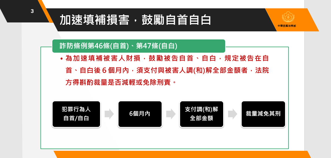 加速填補損害，鼓勵自首自白。 圖：法務部提供
