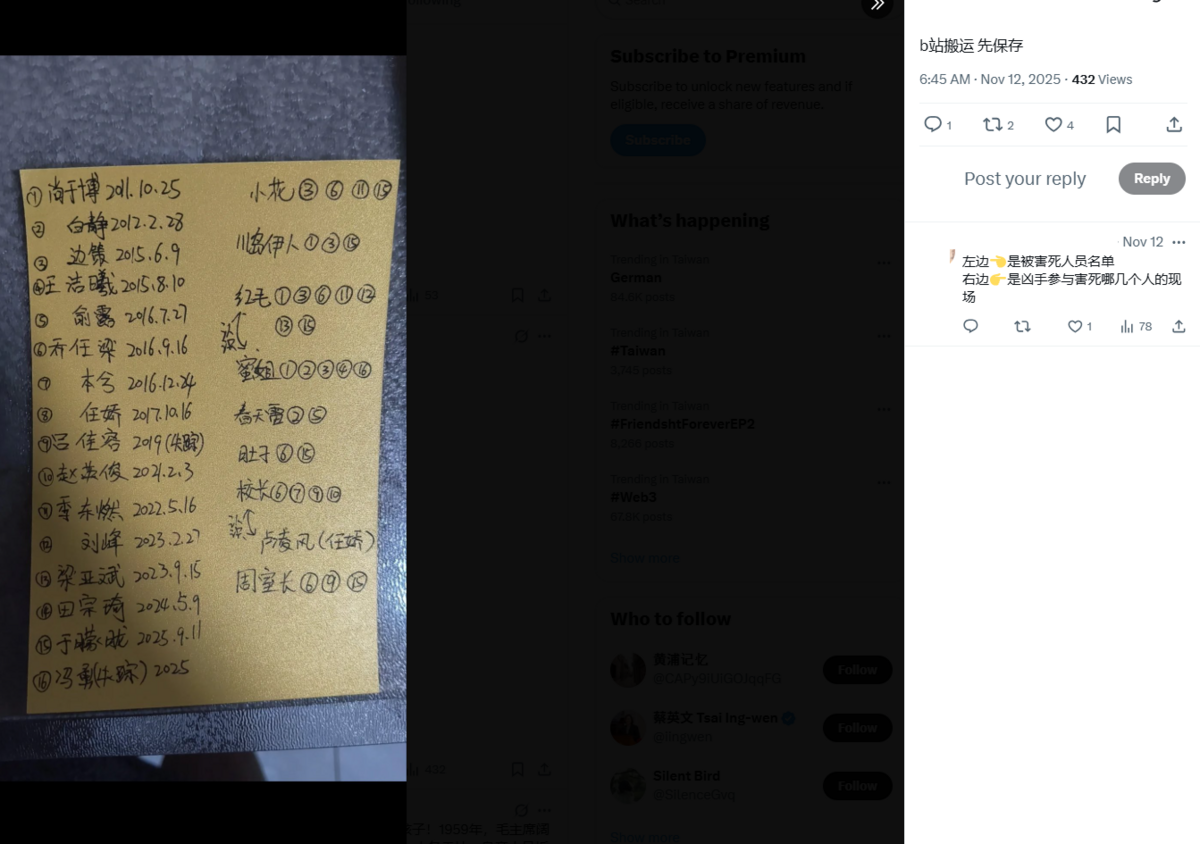 李沐陽說的這個名單，也在社群平台X瘋傳，該名PO文的網友分析，紙條左邊是被害人員名單，記錄著2011年起，包含于朦朧在內已過世16個藝人的名字和日期；右邊是兇手參與害死哪幾個人的現場，總共有8個人都是以化名代替。 圖：取自Ｘ