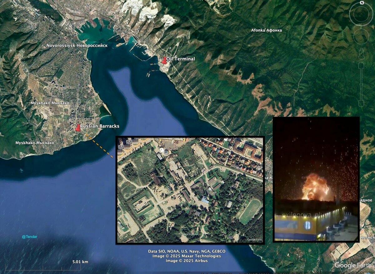 烏克蘭導彈襲擊俄羅斯位於新羅西斯克市南部的軍營，大型爆炸畫面顯示可能擊中彈藥庫。 圖：翻攝自 X @Tendar