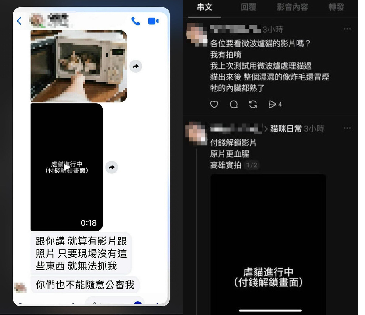 男子在社群Threads發文，自述拍攝虐貓過程。 圖：翻攝網路