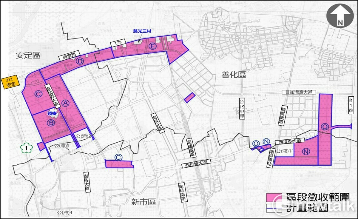 為因應南科及樹谷園區產業擴張所帶來的土地需求，臺南市政府推動「南科特定區開發區塊A、B、C、D、E、N、O區段徵收計畫」，經內政部審議通過後，市府預訂於114年11月17日至12月16日辦理徵收公告。 圖：台南市政府提供
