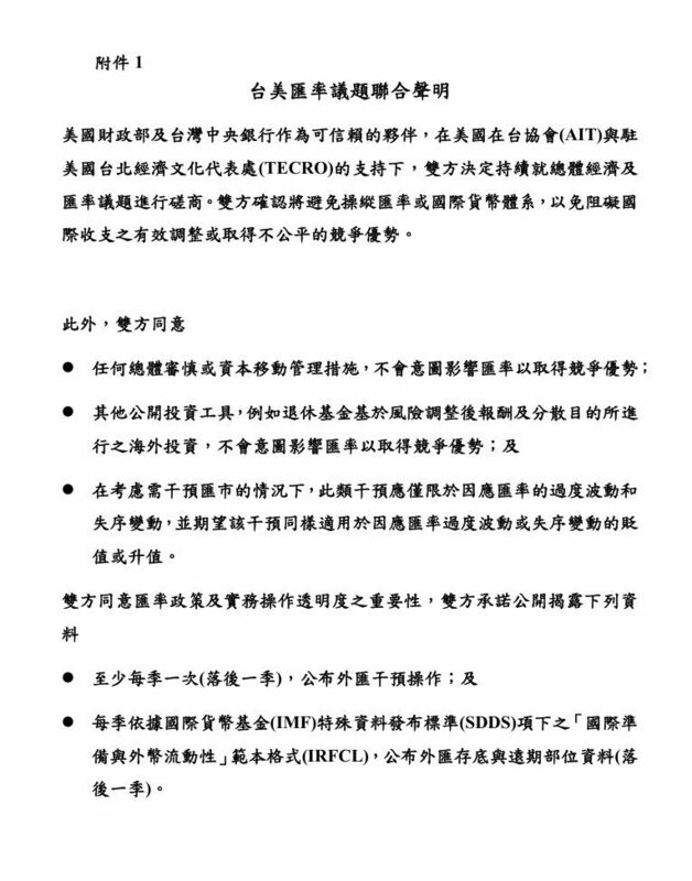 中央銀行14日與美國財政部同步發布聯合聲明。 圖：央行提供