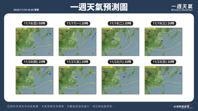 一週天氣預測圖。 圖：取自台灣颱風論壇