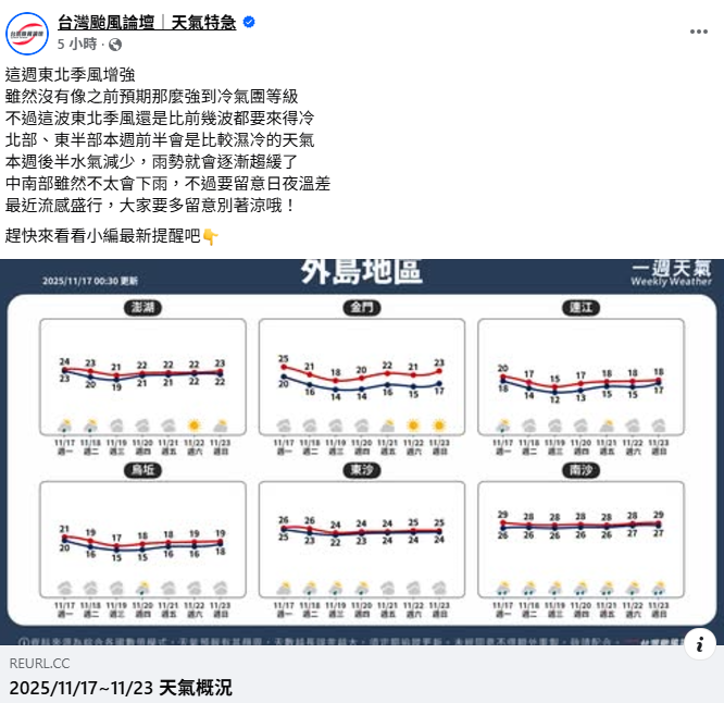 這週東北季風增強，雖然沒有達到冷氣團等級，不過這波東北季風還是比前幾波都要來得冷。 圖：取自台灣颱風論壇
