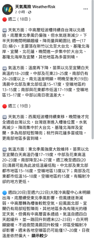 今日到週三為濕冷，北部和東半部都會有明顯雨勢，白天高溫約18度左右。 圖：取自天氣風險臉書
