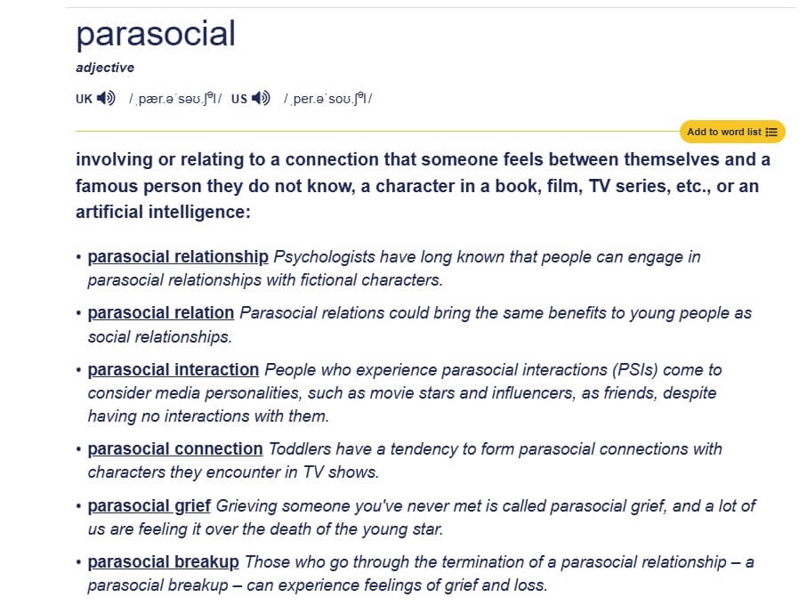 英國劍橋辭典今天揭曉2025年度代表字為parasocial（擬社交互動）。（圖取自劍橋辭典網頁dictionary.cambridge.org）