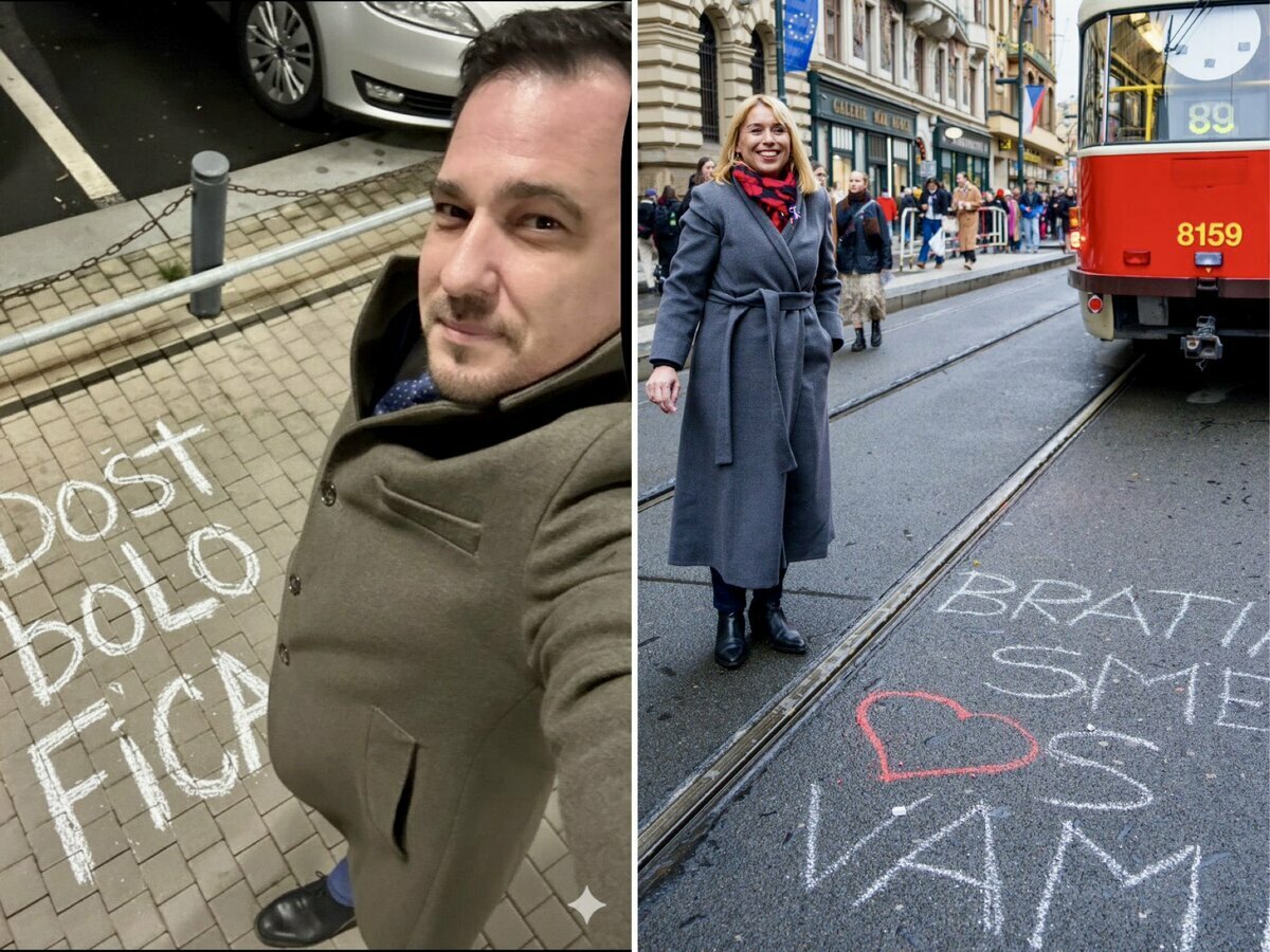 斯洛伐克街道上以粉筆寫的反費科標語。 圖：翻攝自 X《Marek Stoniš》