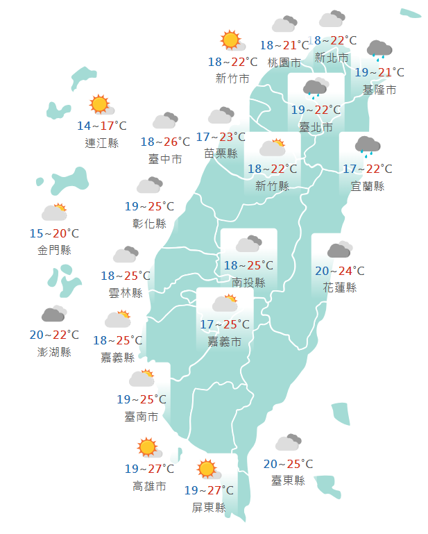 氣象署公布各地天氣預報概況。 圖：氣象署提供