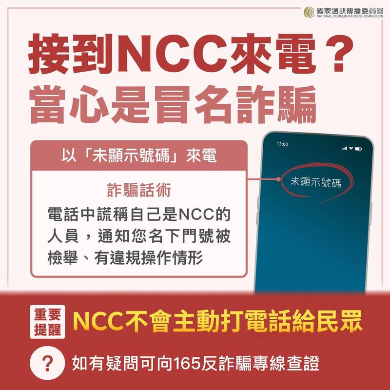 未顯示號碼自稱NCC官員是詐騙，官方強調絕不主動致電，民眾切勿上當，請立即掛斷撥165查證。 圖：NCC / 提供