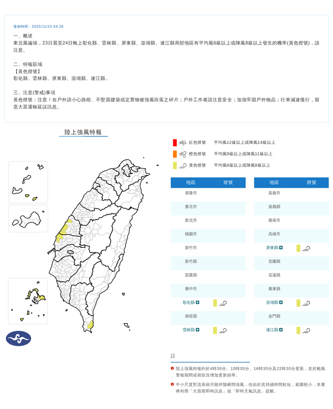氣象署針對五縣市發布陸上強風特報，3日晨至24日晚上彰化縣、雲林縣、屏東縣、澎湖縣、連江縣局部地區有平均風6級以上或陣風8級以上發生的機率(黃色燈號)，請注意。 圖/氣象署