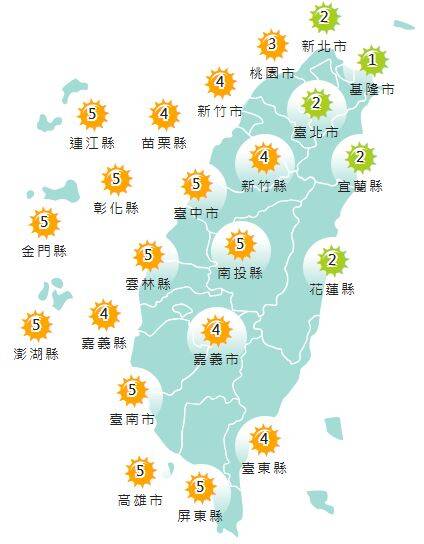 氣象署發布各地紫外線指數預報概況。 圖：氣象署提供