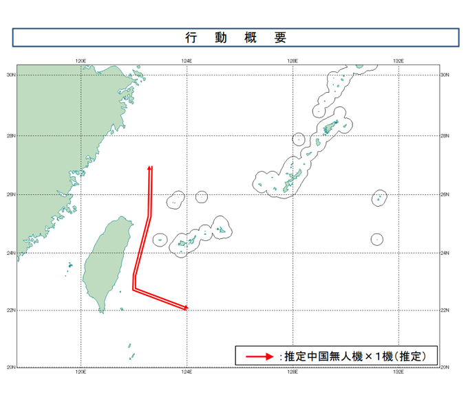 24日，防衛省統合幕僚監部指出，一架疑似中國無人機飛越與那國島與台灣之間的空域。 圖:翻攝自X帳號@jointstaffpa