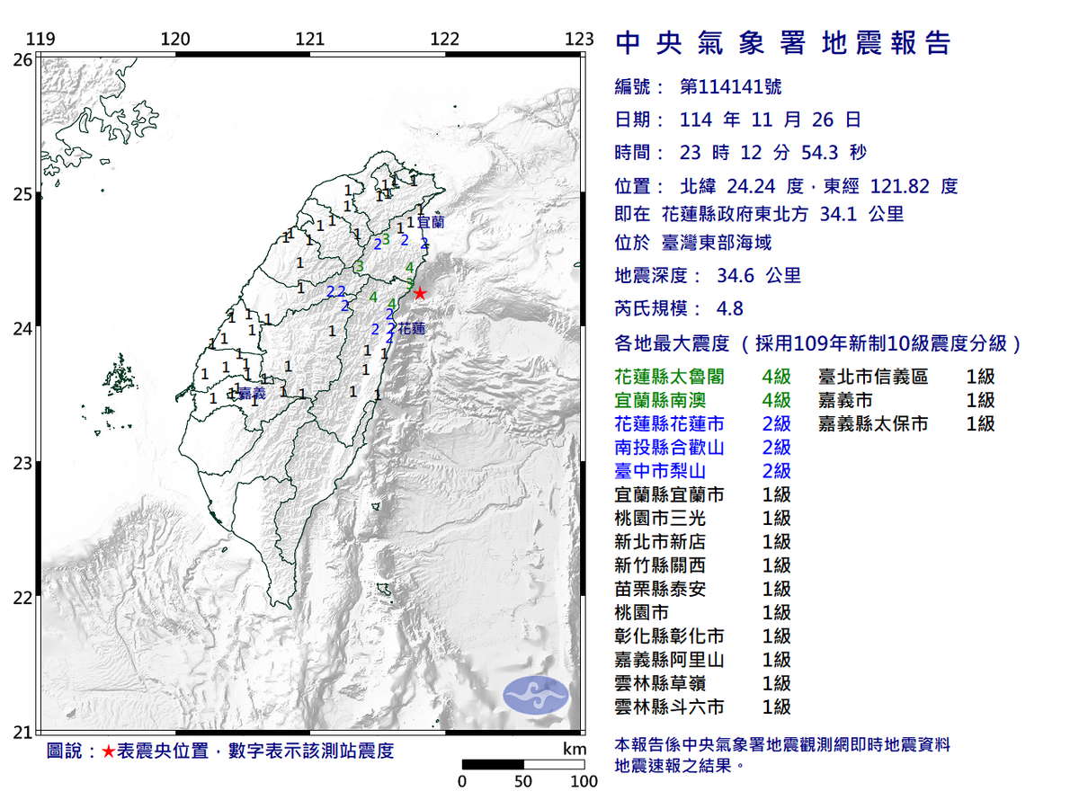 11/26-23:12臺灣東部海域發生規模4.8有感地震 圖：中央氣象署
