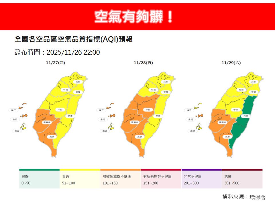 受到東北季風挾境外空汙影響，未來3天空品不佳。 圖：取自林老師氣象站