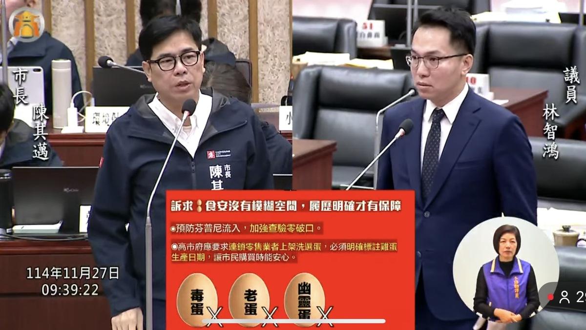 林智鴻(右)要求市府加強查驗蛋品安全，更應強制連鎖零售業者所上架之洗選蛋必須落實溯源並標註生產日，確保消費者權益與食安。 圖：林智鴻服務處/提供