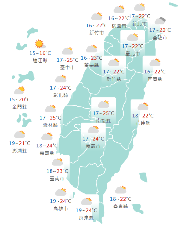 氣象署公布各地天氣預報概況。 圖：氣象署提供