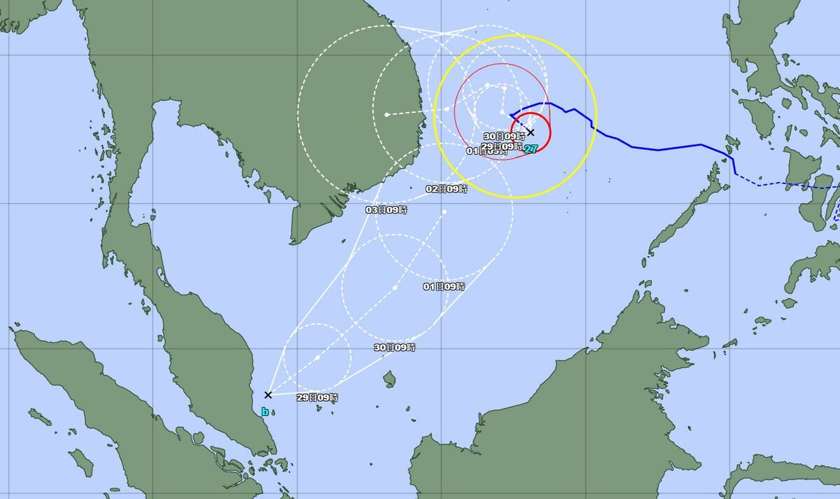日本氣象廳今天上午發布烈風警報(Gale Warning)，馬來西亞附近海面有一個熱帶性低氣壓生成，且強度預估持續增強，最快在明天上午就可能形成颱風，未來將朝東北方前進。 圖：取自台灣颱風論壇
