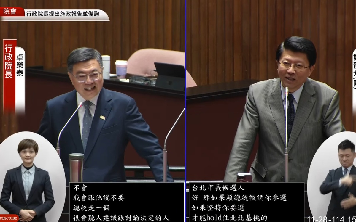 面對謝龍介逼問參選台北市長可能性，行政院長卓榮泰一再否認。 圖：擷取自國會頻道