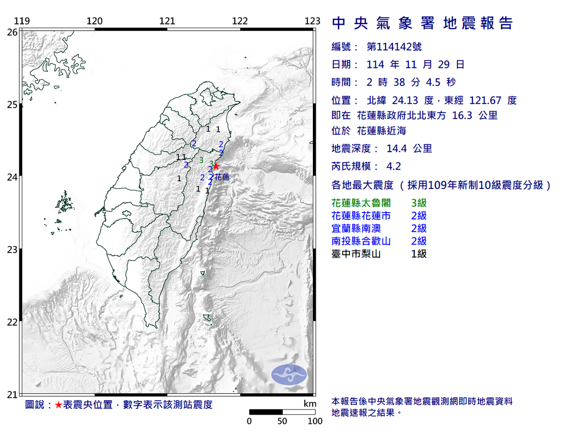 11/29-02:38花蓮縣近海發生規模4.2有感地震 圖：中央氣象署