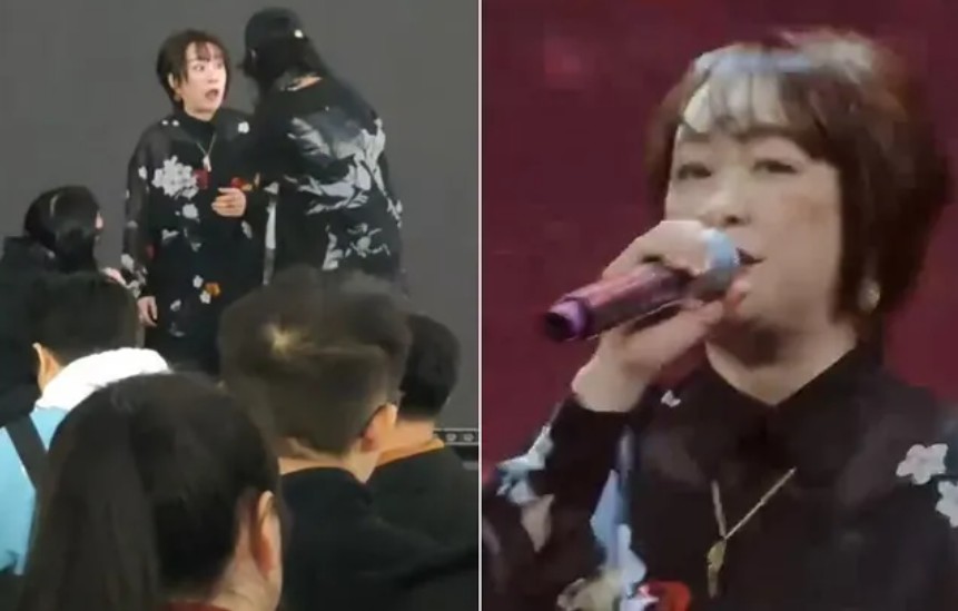 大槻真希演唱到一半，突然被斷電要求下台，張大嘴巴不敢相信此事。 圖：翻攝X（前推特）