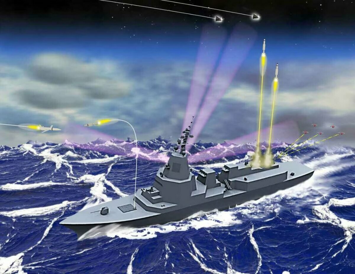 配備宙斯盾系統的艦艇的綜合防空和飛彈防禦作戰概念圖 取自維基百科  by 日本防衛省・自衛隊  CC 表示 4.0