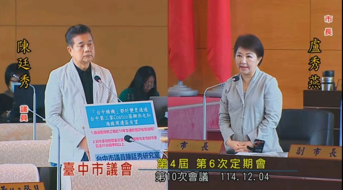 盧秀燕逕自宣布好市多台中三店的新址，引來無黨籍台中市議員陳廷秀的批評。 圖：取自台中市議會直播畫面