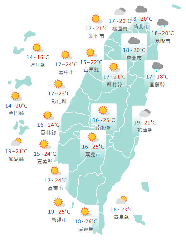 氣象署公布各地天氣預報概況。 圖：氣象署提供