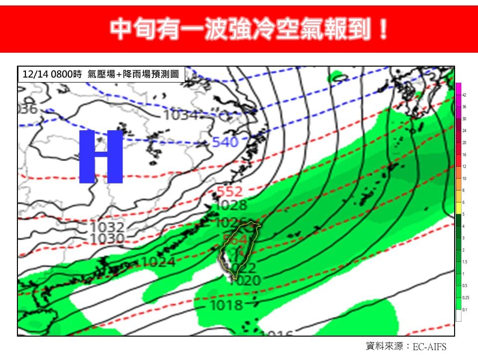 13、14日前後南下的強冷空氣，強度有機會挑戰今年首波大陸冷氣團。 圖：取自林老師氣象站